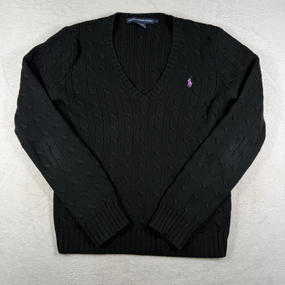 Ralph Lauren Sport Womens Black Cable Knit V-Neck Cotton Sweater Purple Pony L